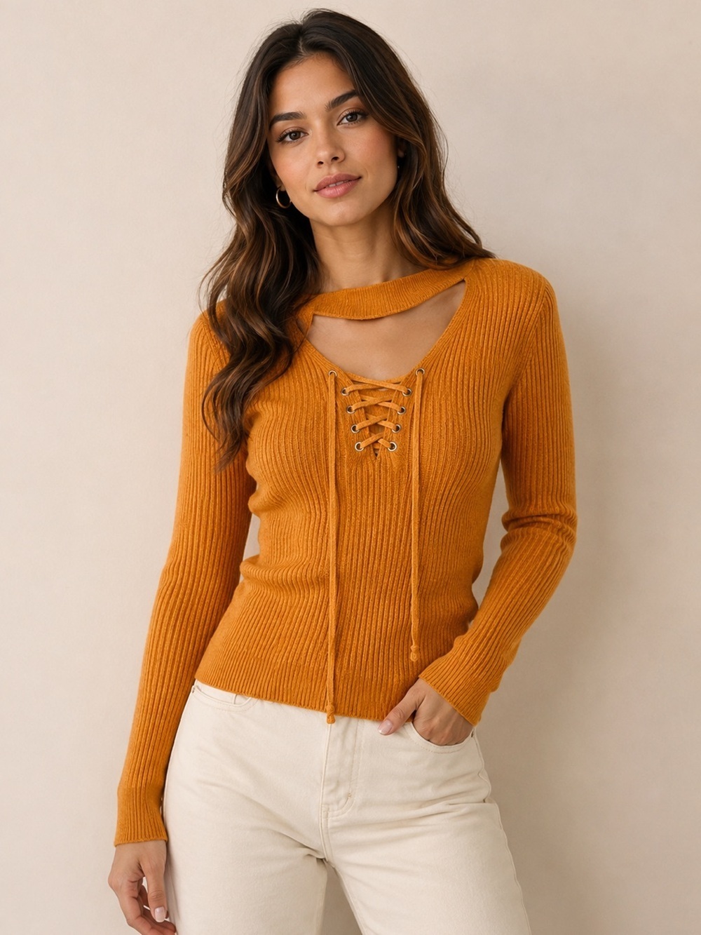 Questions Orange Ribbed Lace-Up Sweater with Front Cutout - Size S